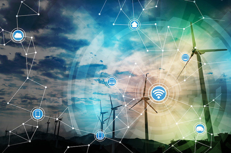 renewable energy and communication network concept. abstract mixed media.