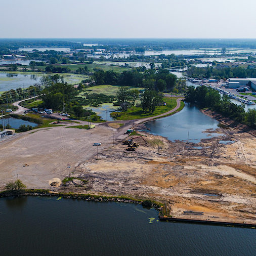 aerial view of cleared land along the channel