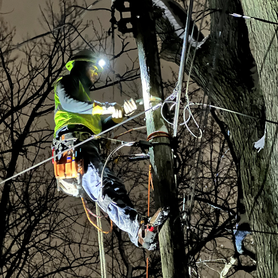 technician in the air fixing power line
